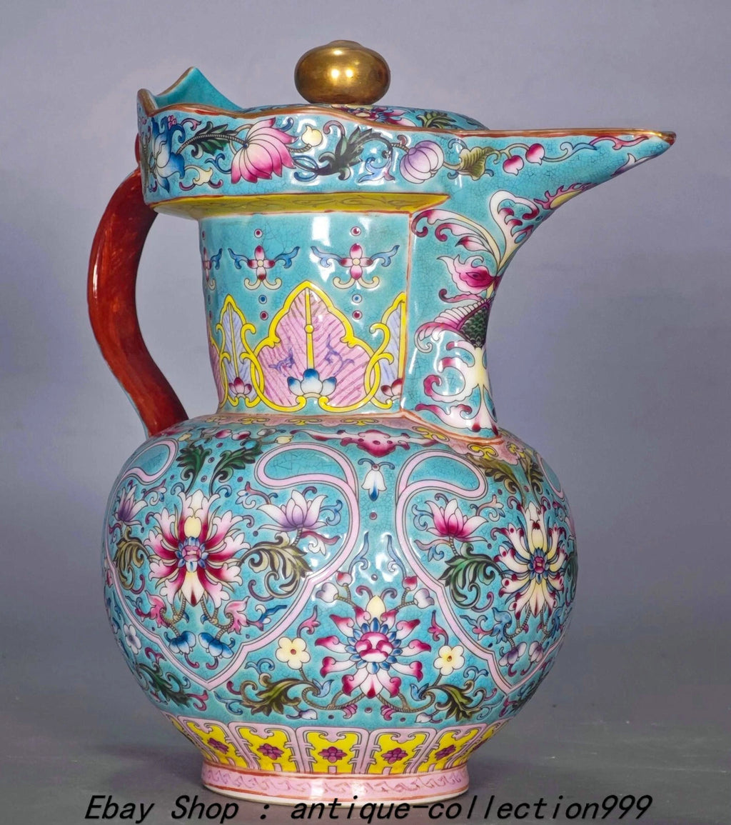 9.4" Yongzheng Enamel Colour Porcelain Gilt Lotus Flower Wine Tea Pot Flagon