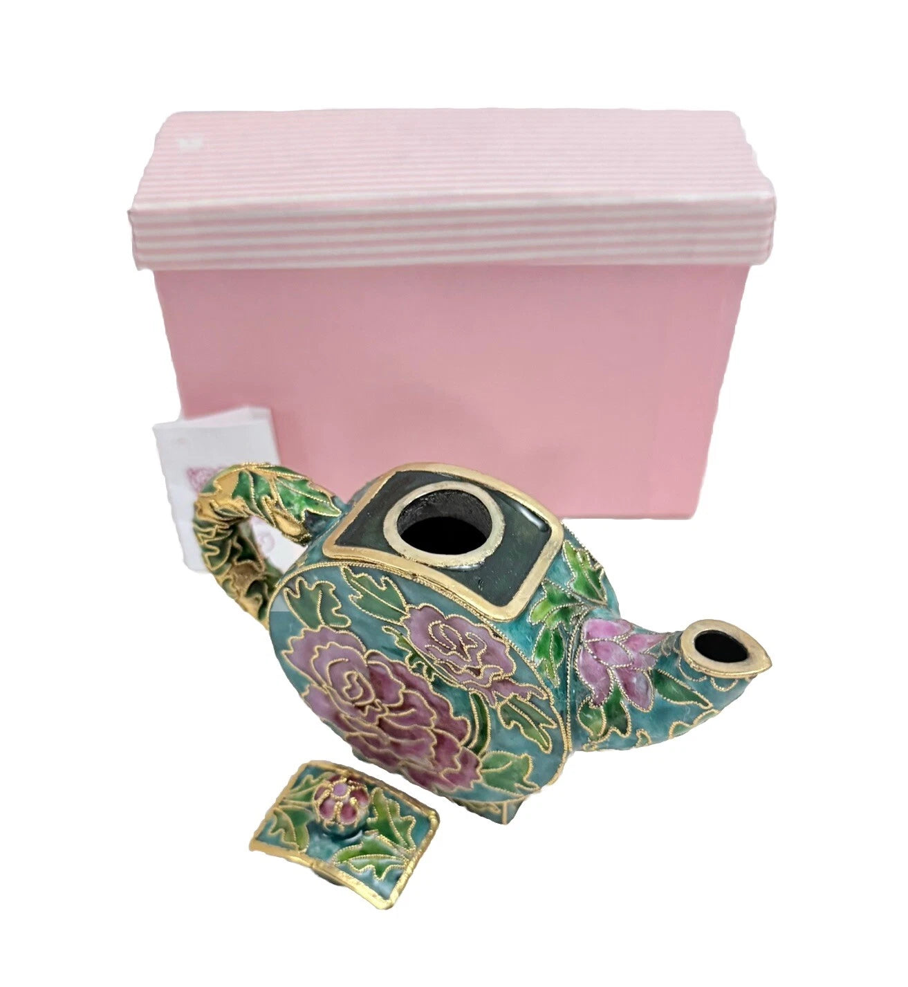 Vintage Teapot Round Metal Enamel Cloisonne Mini Teapot Turquoise Nyco 3.5" New