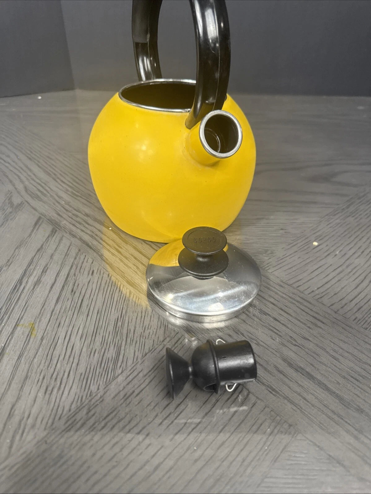 Copco Tea Kettle Pot Small Mini Yellow Enamel Whistling 1 Quart Used Clean