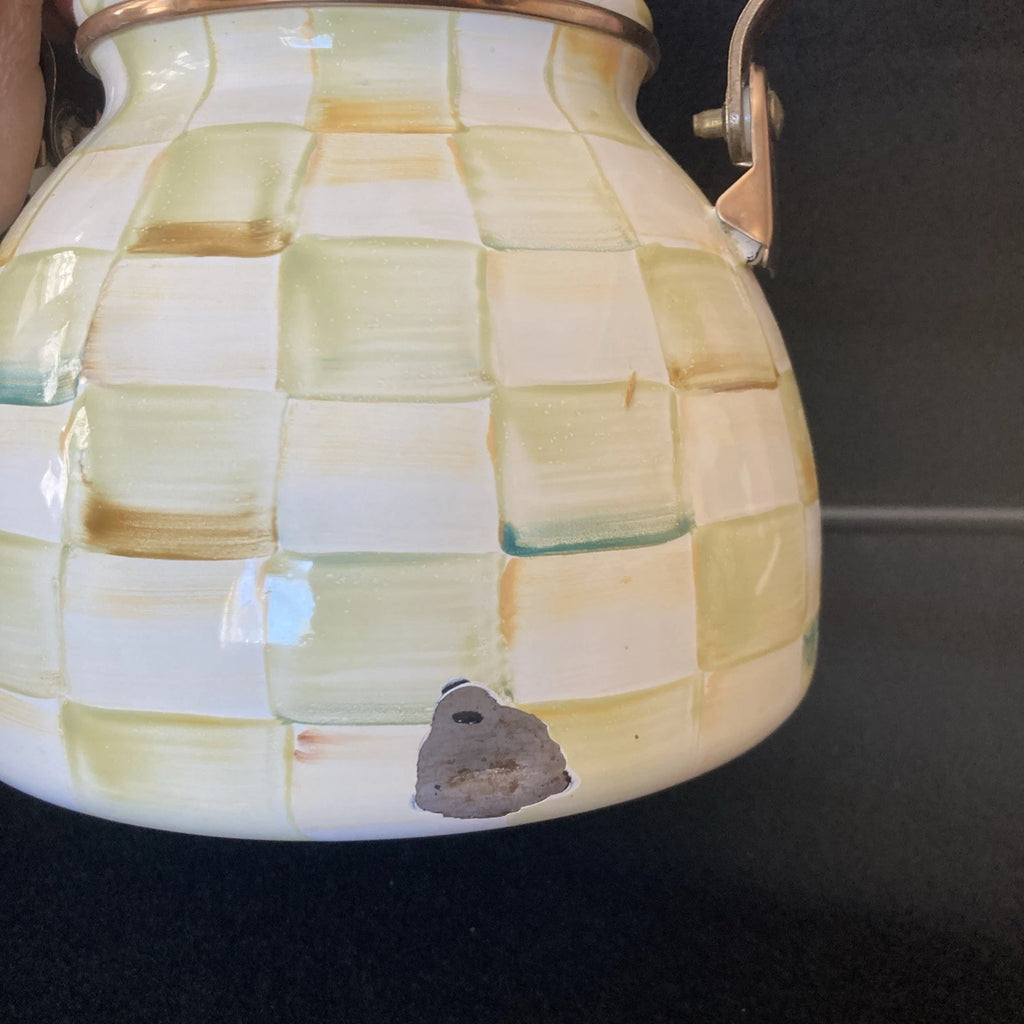 MACKENZIE-CHILDS 2 QT Teapot Kettle PARCHMENT CHECK Retired Color Enamel Loss