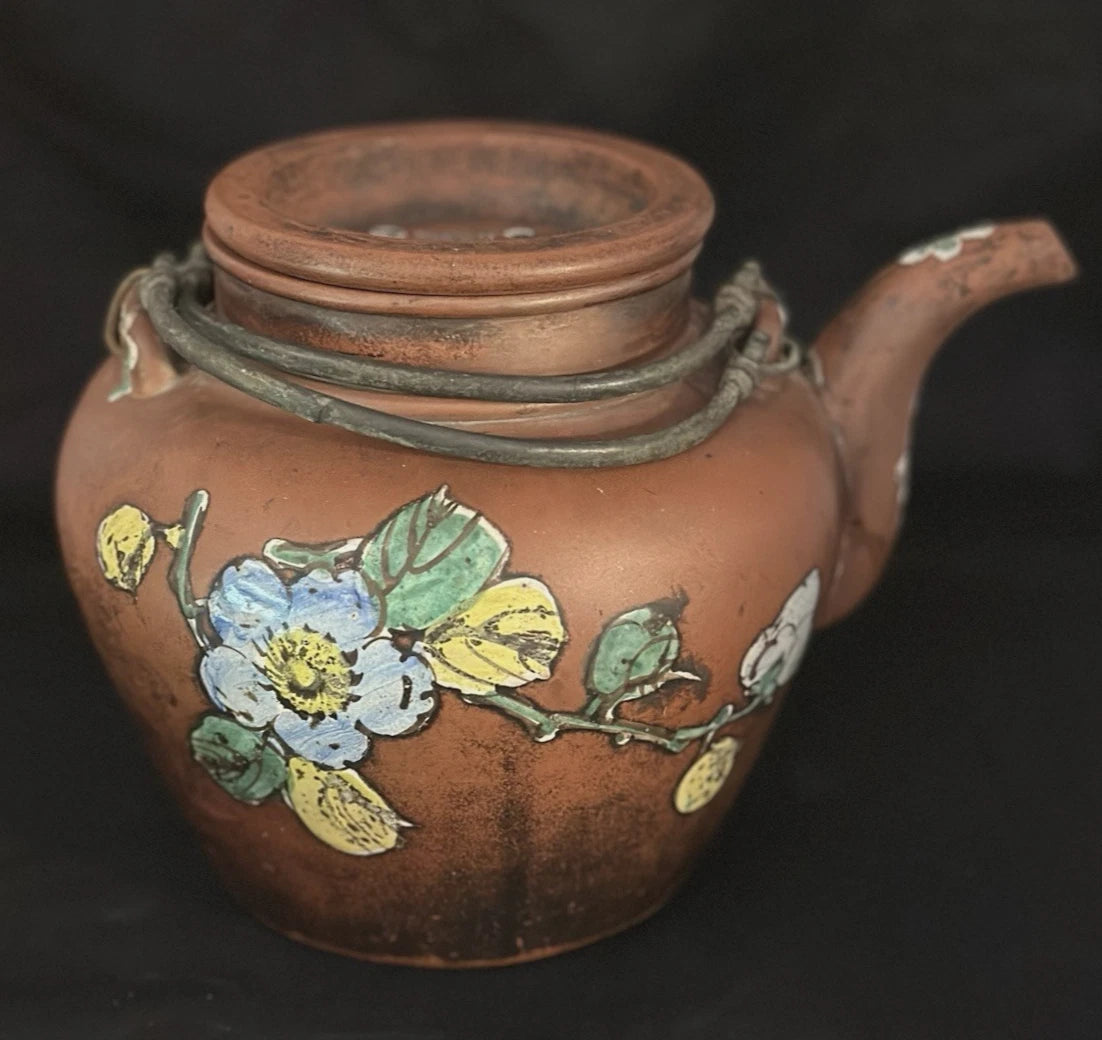 ANTIQUE CHINESE YIXING ZISHA CLAY TEAPOT WITH ENAMELED FLORAL & BIRD DECORATIONS