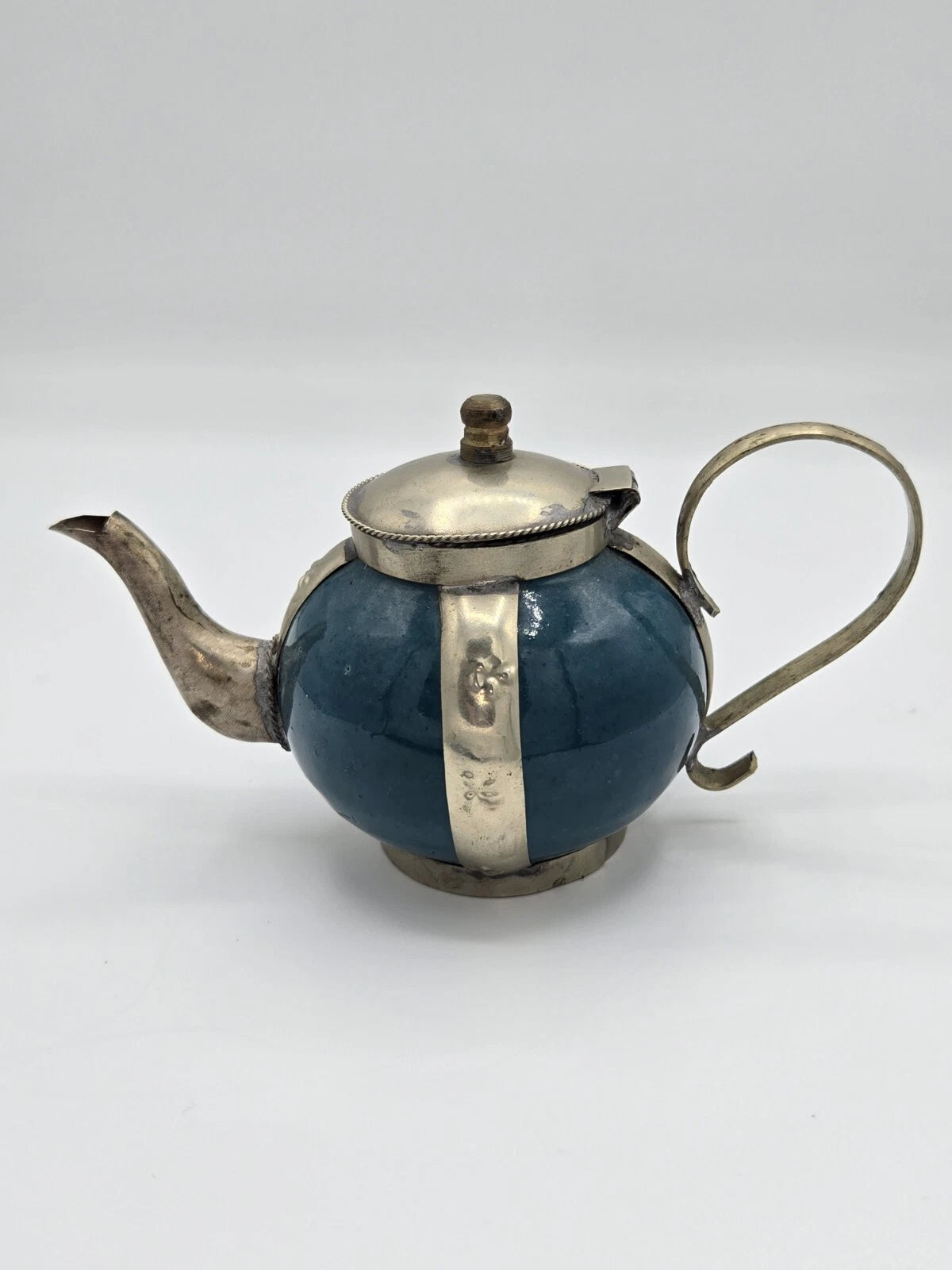 Vintage Moroccan Blue Ceramic Ornate Decorative Incense Teapot