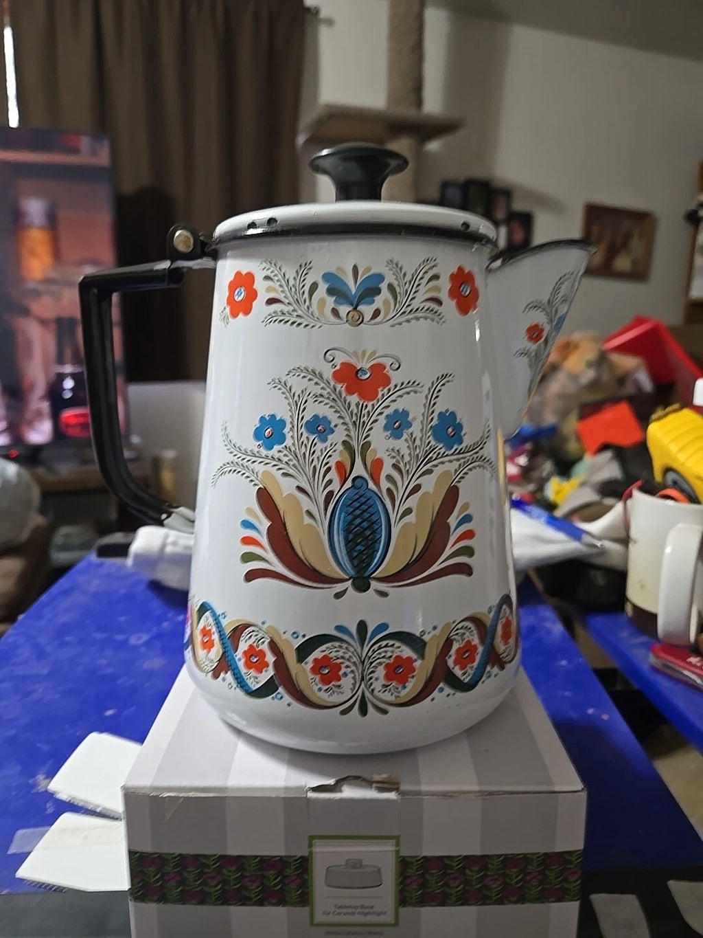 Vtg Berggren Folkart Teapot Kettle Enamel Painted Decorativ Percolator Stove Pot