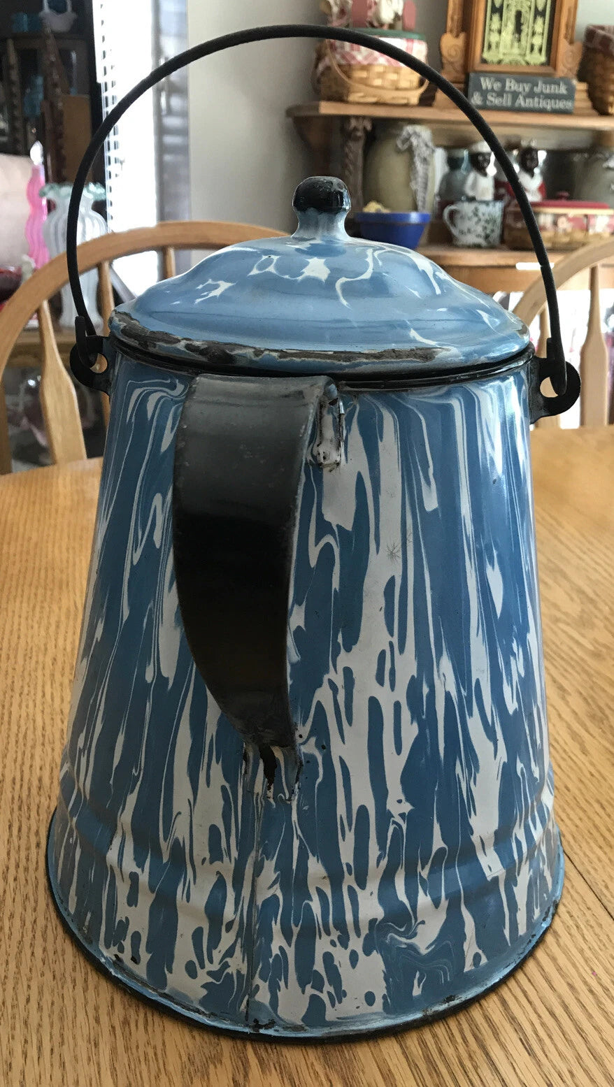 Vintage Antique Blue White Swirl Enamel Coffee Tea Pot Cowboy Kettle 11” Large