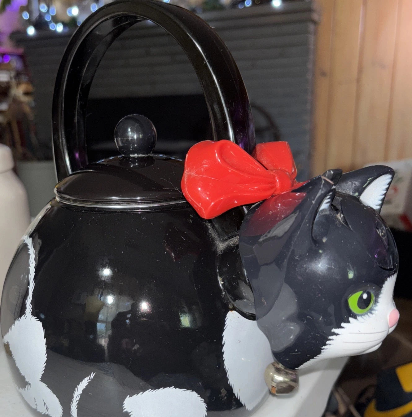 Vintage 1995 Via Ancona Metal Whistling Cat Teapot With Bell Collar and Red Bow