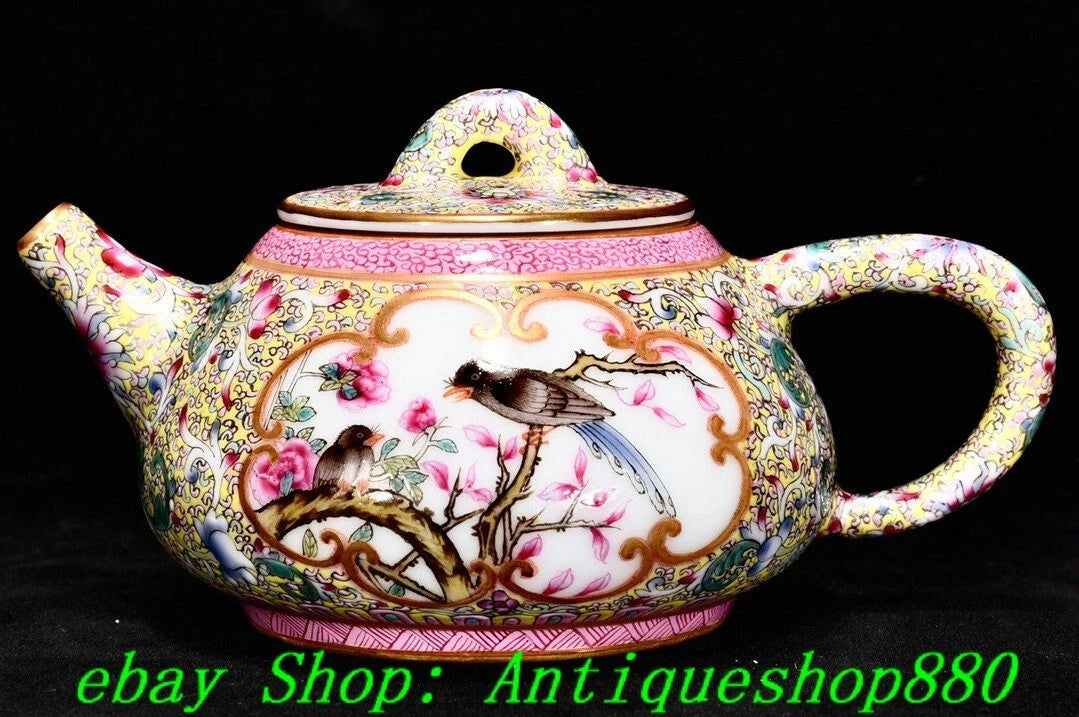 5.1"Qing Qianlong Enamel Colour Porcelain Gold Flower Bird Wine Tea Pot Flagon