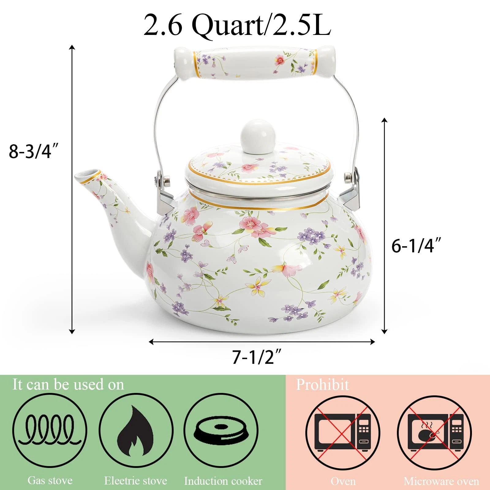 Vintage Enamel Tea Kettle 2.6 Quart Floral Enamel on Steel Water Kettle Teapo...
