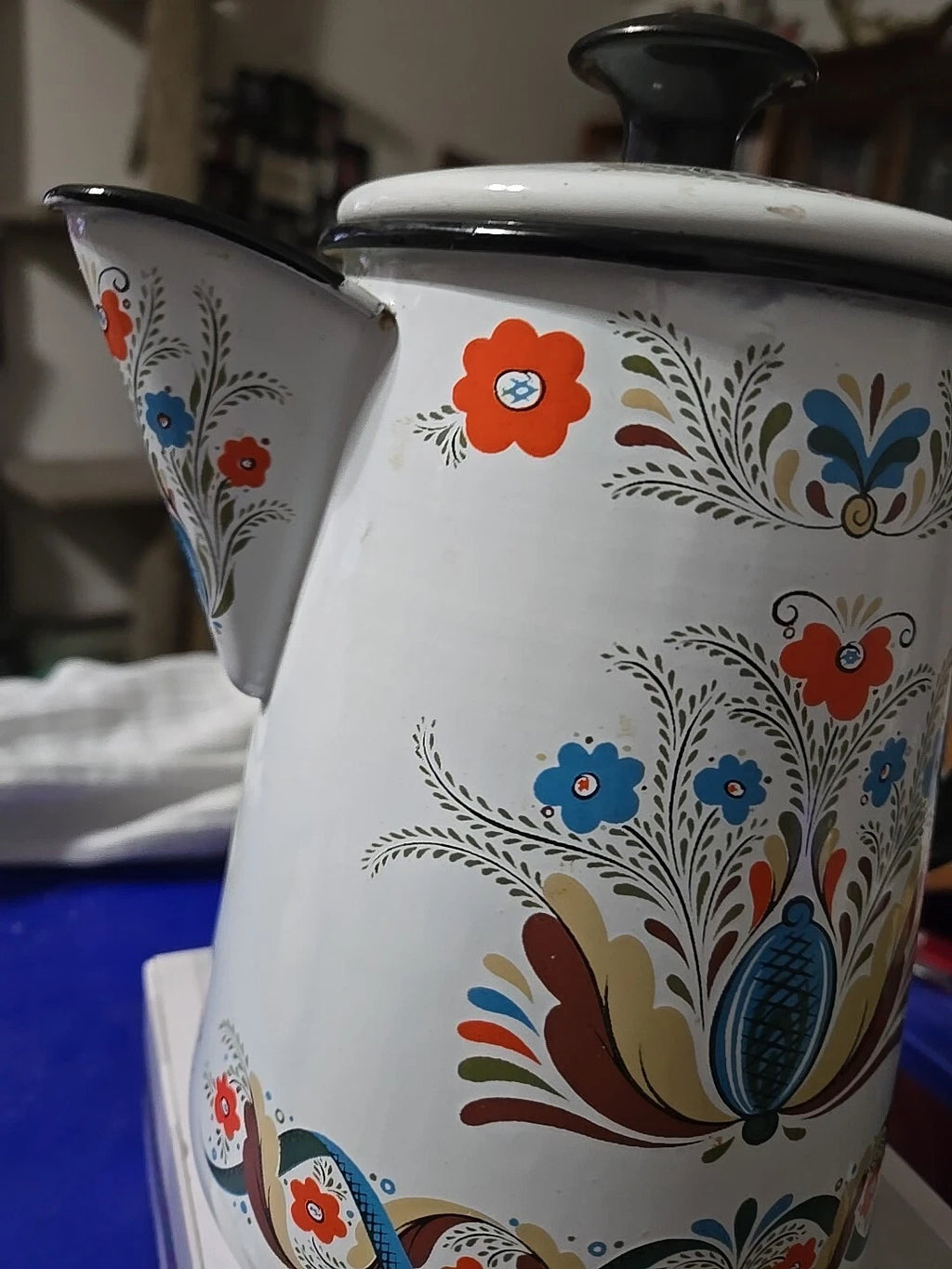 Vtg Berggren Folkart Teapot Kettle Enamel Painted Decorativ Percolator Stove Pot