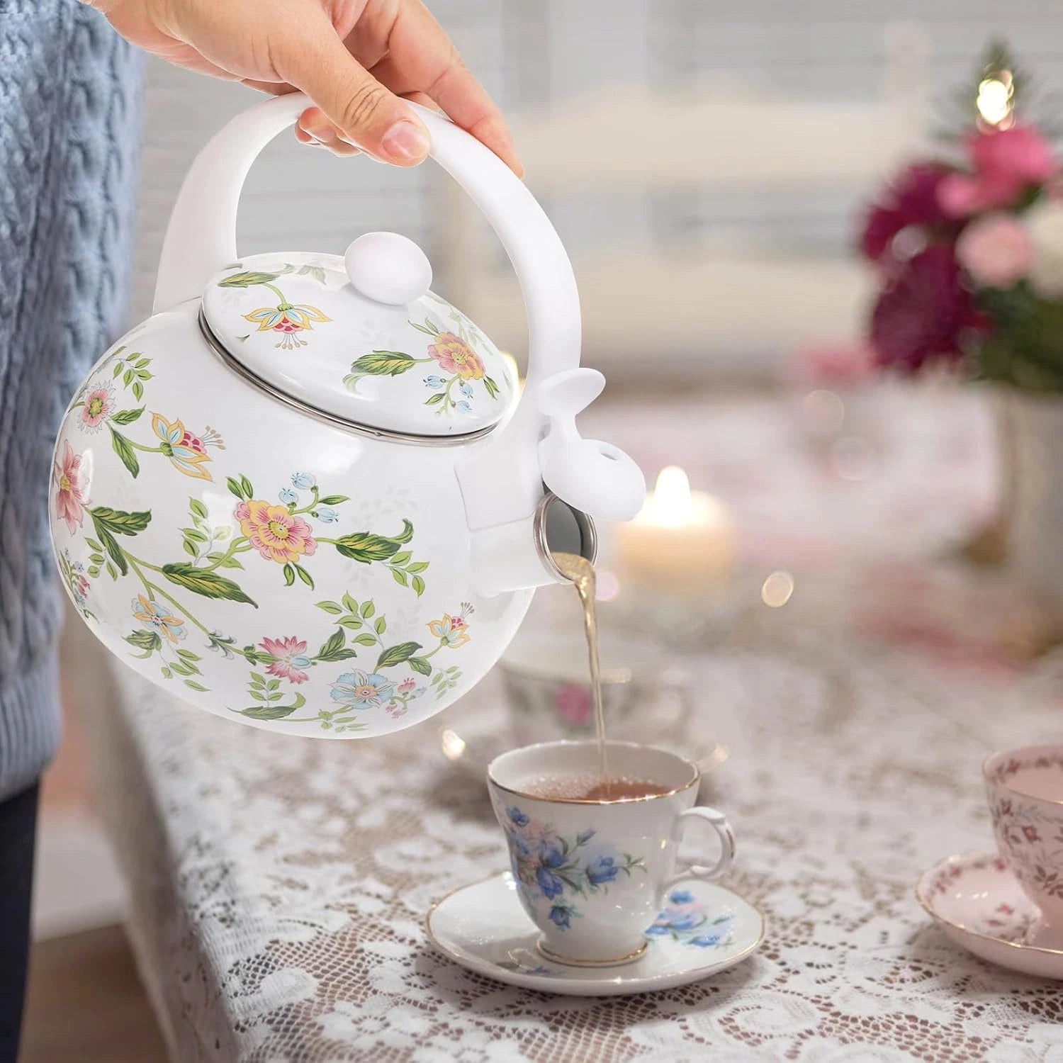 2.3 Quart Vintage Enamel Tea Kettle Whistling Tea Kettle for Stove Top Floral