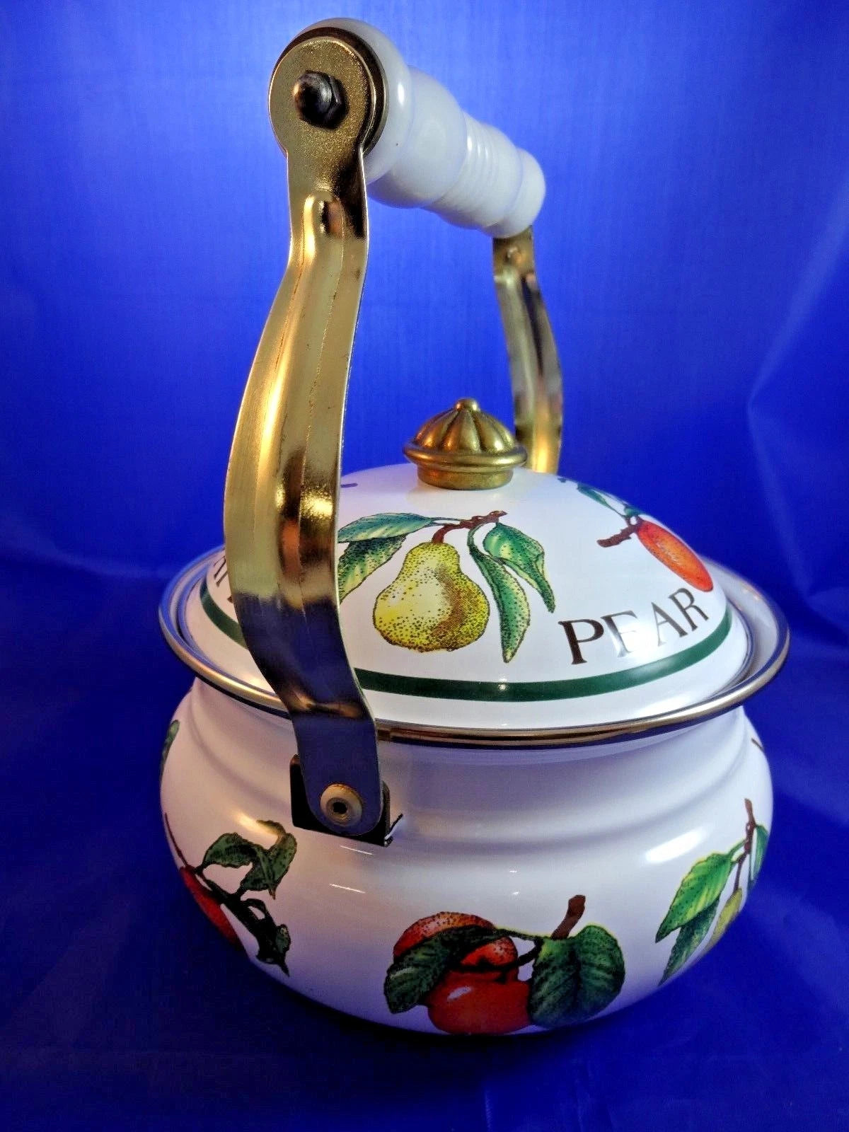 Vintage Enamel Fruit Decorated Tea Kettle Tea Pot Plum Apple Peach Pear