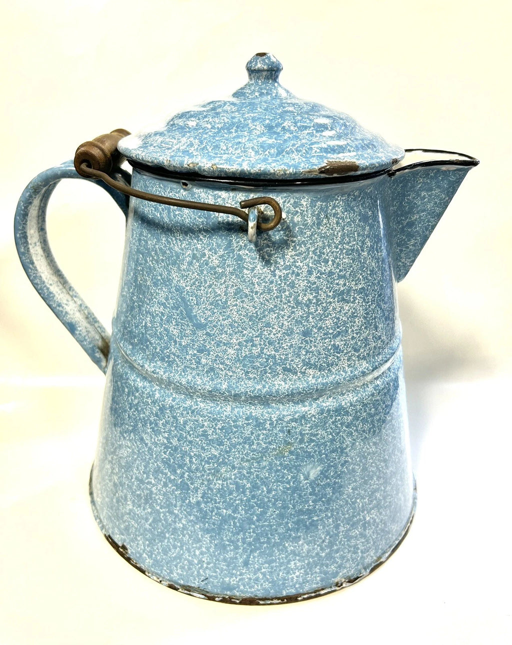 Large Granite Ware Enamel Ware  Blue White Splatter Swirl Teapot Vintage