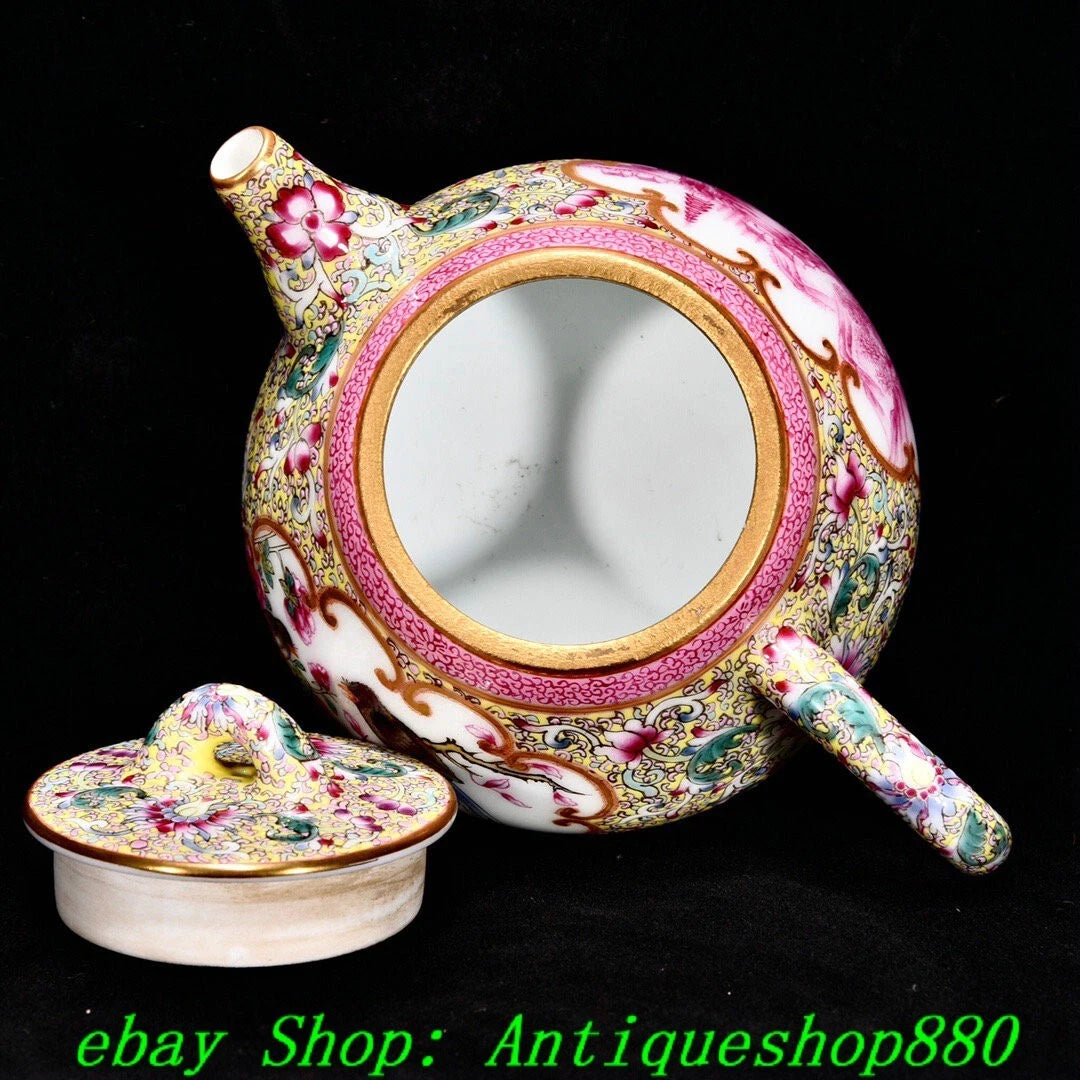 5.1"Qing Qianlong Enamel Colour Porcelain Gold Flower Bird Wine Tea Pot Flagon