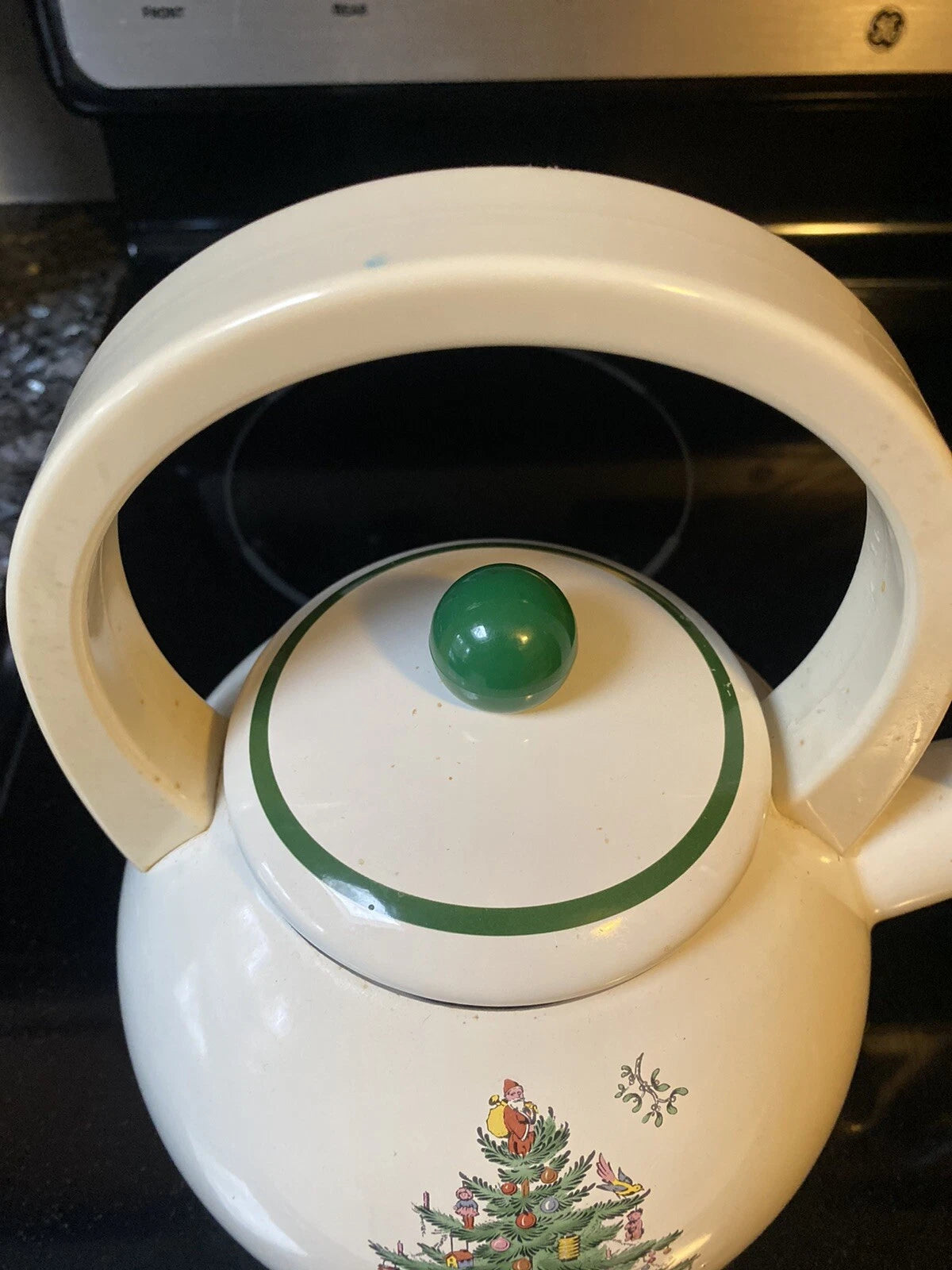 Vintage Spode Christmas Tree Whistling Tea Kettle Pot Porcelain Enamel 2.2 Quart