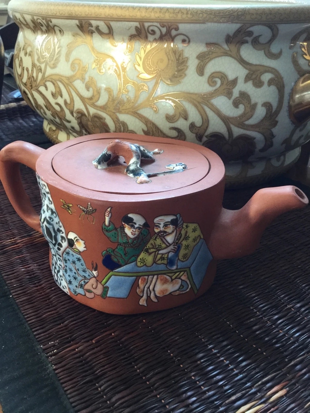 EXCELLENT CHINESE YIXING ZISHA SCHOLAR ENAMEL TEAPOT 3”H marked