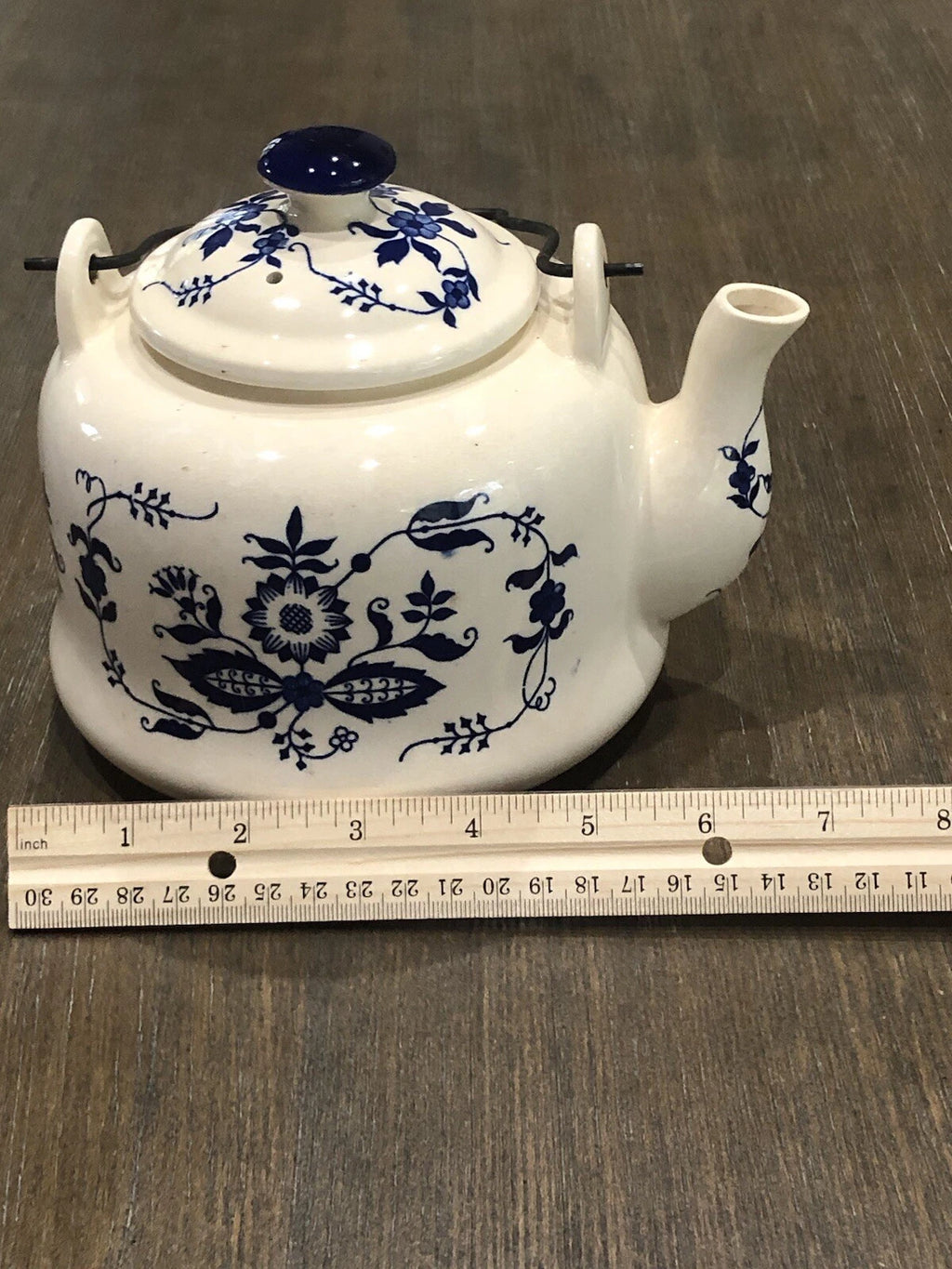 Vntg Japan Blue Onion Porcelain Enamel Ware Teakettle W/Wire Metal HandleVGUC