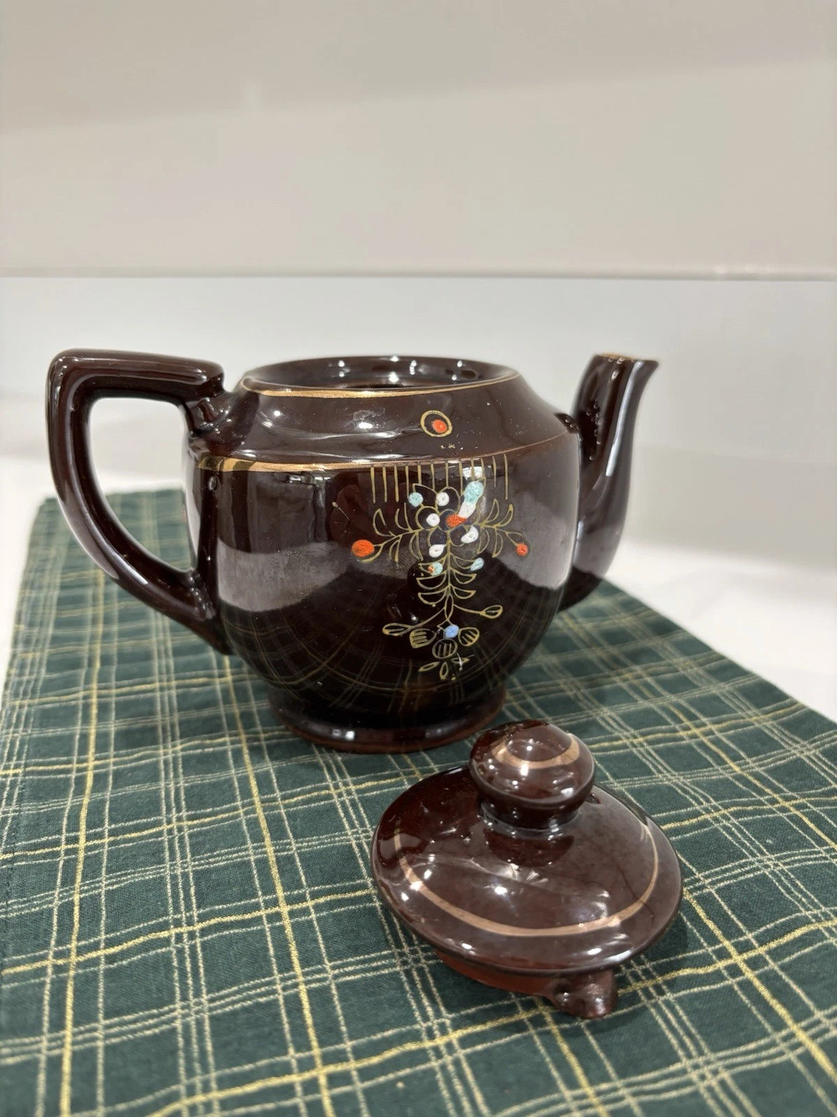 Brown Betty Redware Teapot Occupied Japan Moriage Enamel Hand Painted Vintage