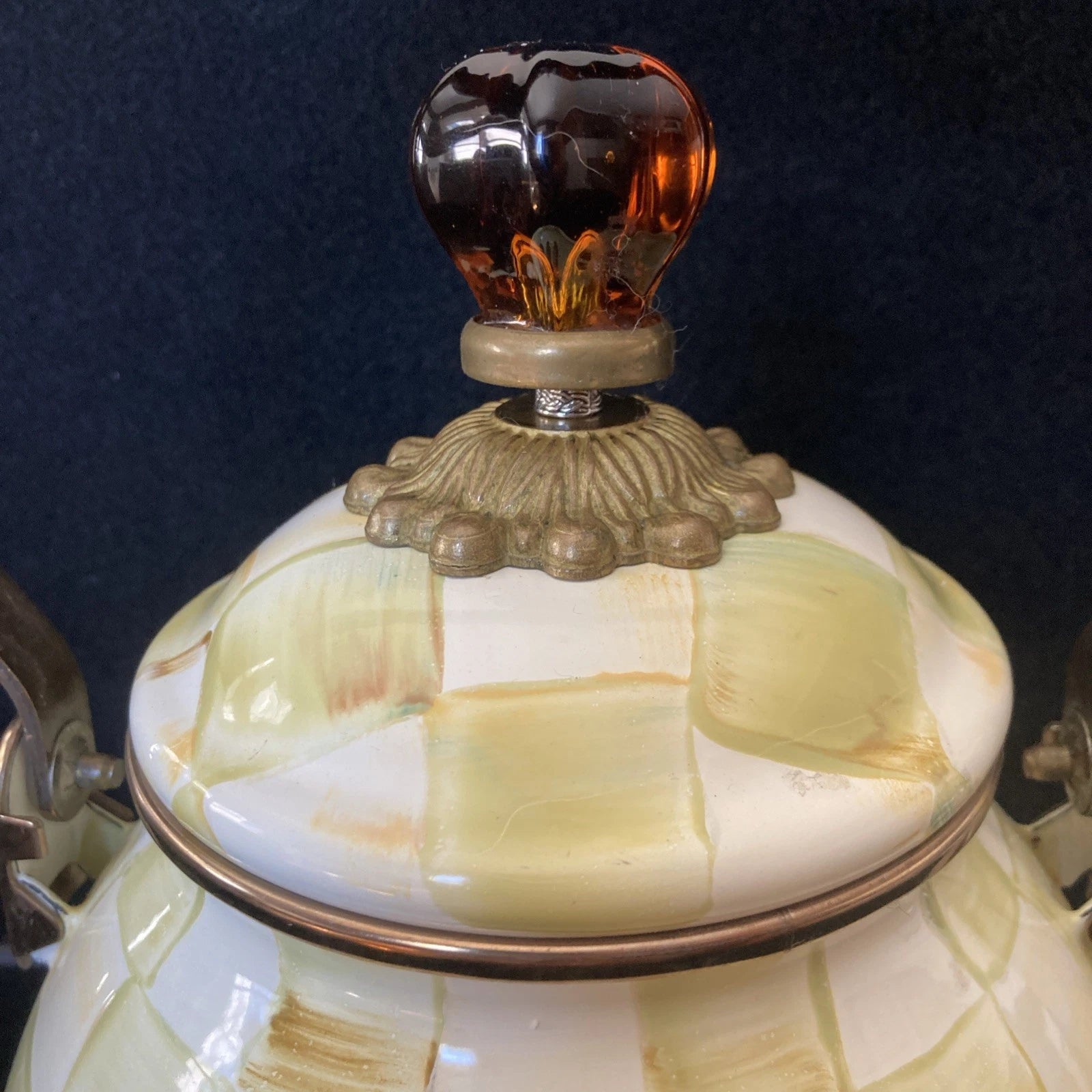 MACKENZIE-CHILDS 2 QT Teapot Kettle PARCHMENT CHECK Retired Color Enamel Loss