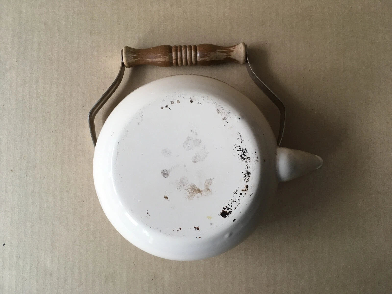 Vintage Enamelware Teapot w/Dutch Farm Scene & Wooden Handle, 9" Ht, 7 1/8" Diam