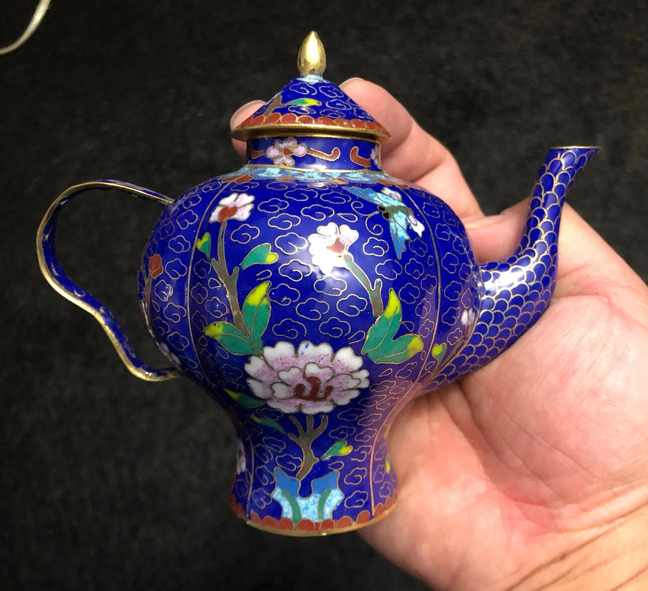Vintage Cloisonne Enamel and Bronze Navy Blue Floral Teapot