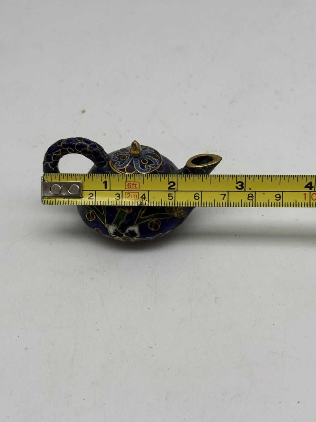 Mini Chinese Cloisonné Enameled Floral Glaze Cobalt Blue Teapot 2.75" L  1.5" H