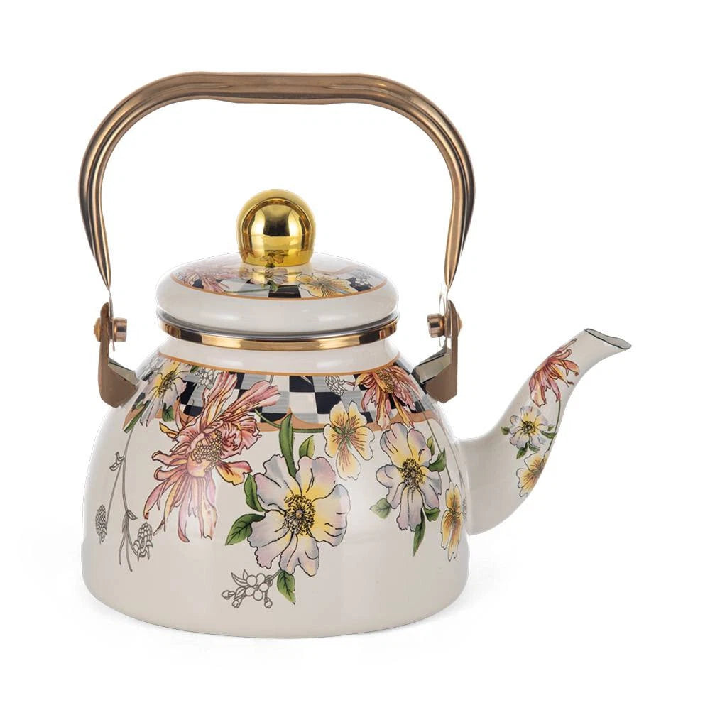 Enameled Flower Garden Tea Pot Kettle Floral Teapot with Infuser 1.2L