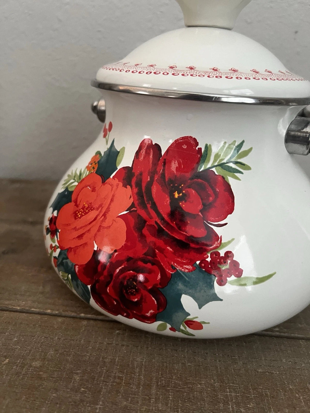 Pioneer Woman Floral Enamel Teapot Tea Kettle In White Cheerful Rose