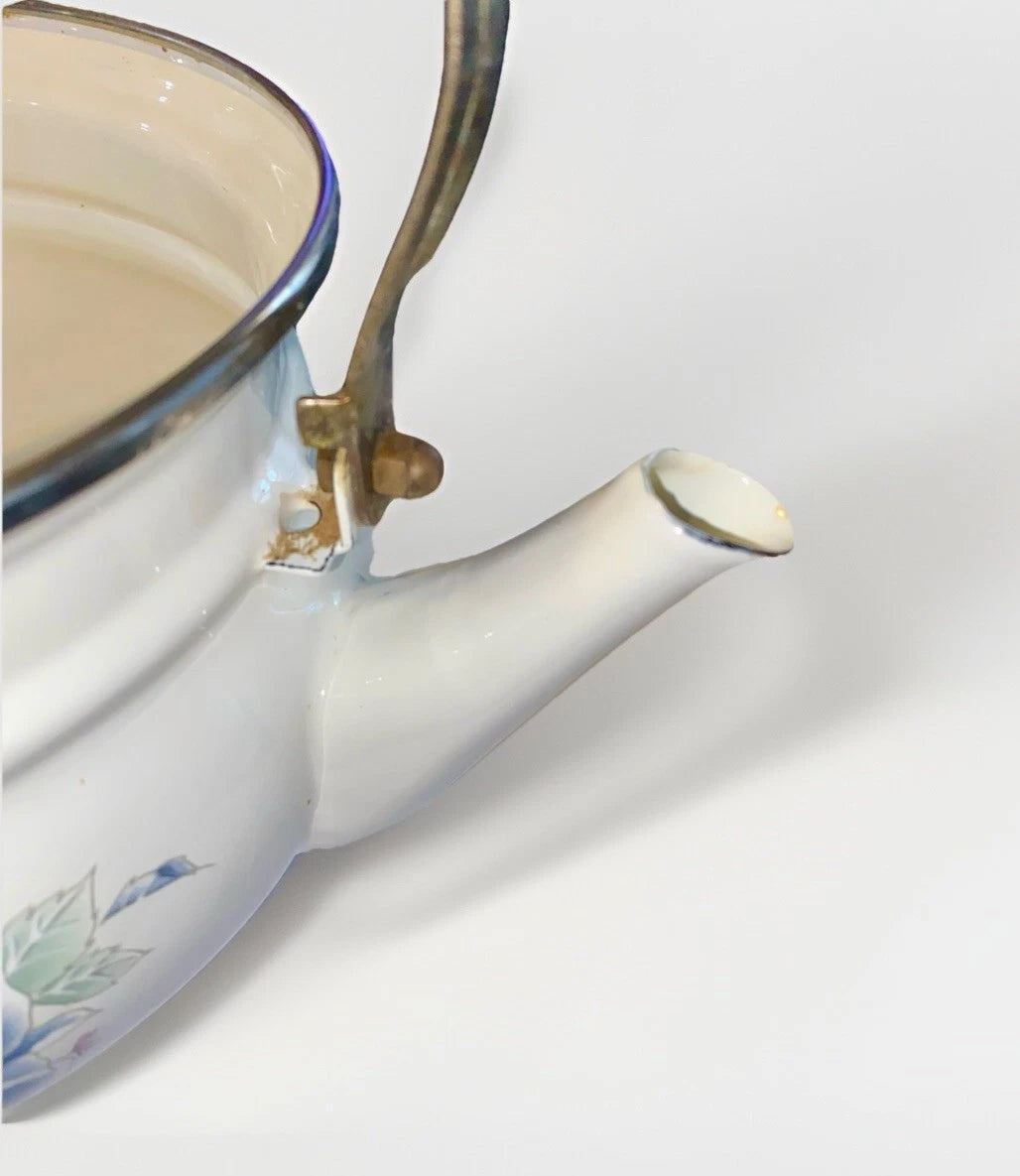 Vintage Pfaltzgraff Tea Rose Enamelware Kettle w/Lid - Black Handle - Some Rust