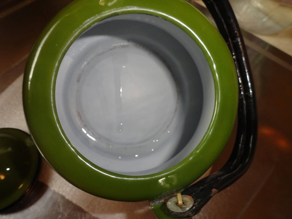 Vintage Green Enamel W/ Black Bail  Handle Made In Japan Teapot