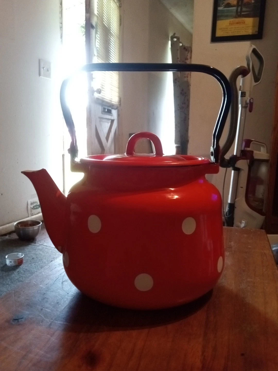 VINTAGE Soviet Enamelware Tea Kettle 3L Orange w White Dots