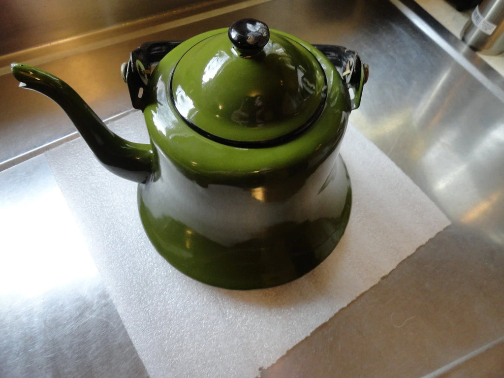 Vintage Green Enamel W/ Black Bail  Handle Made In Japan Teapot