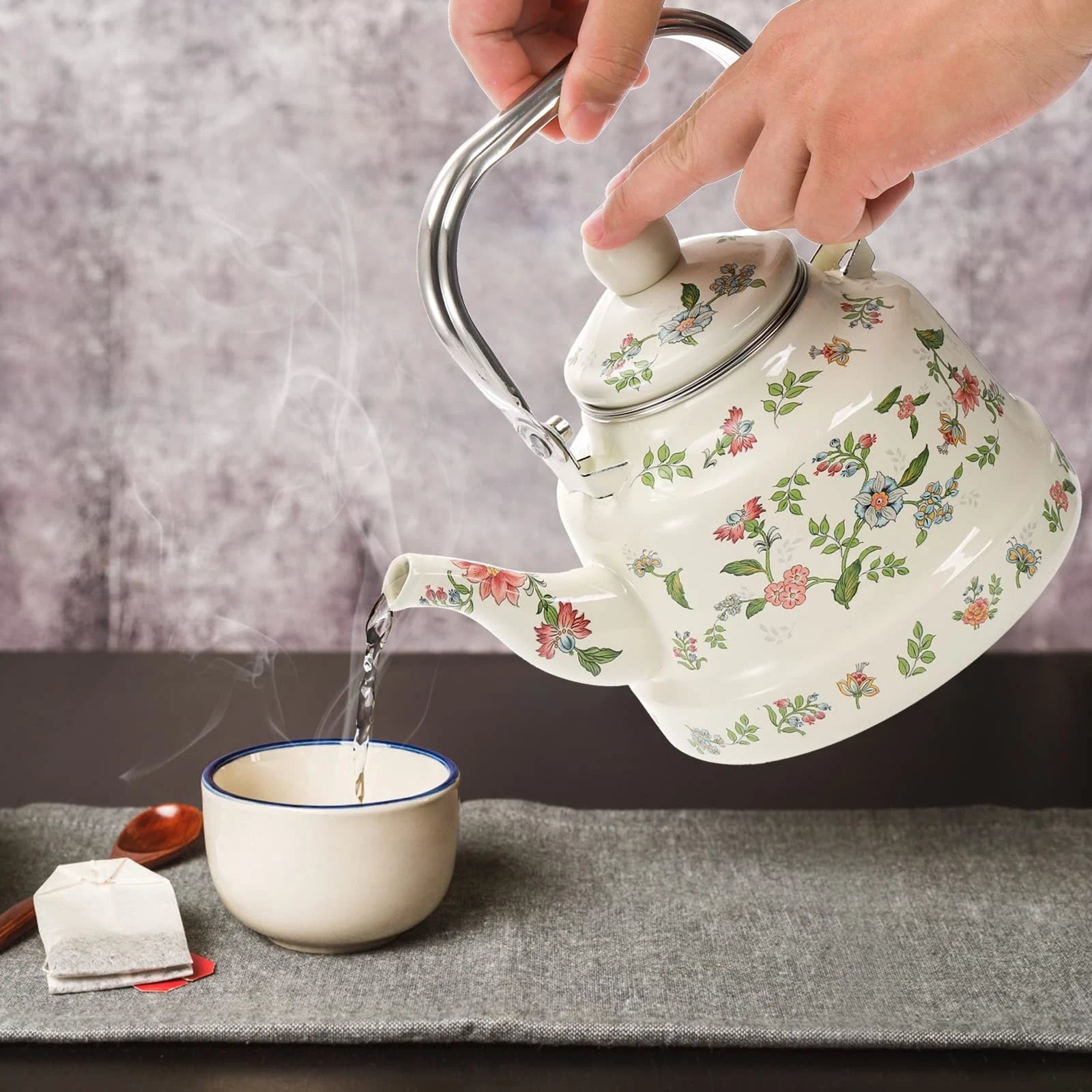 1.8 Quart Vintage Enamel Stovetop Tea Kettle, Retro Green Floral Enamel on St...