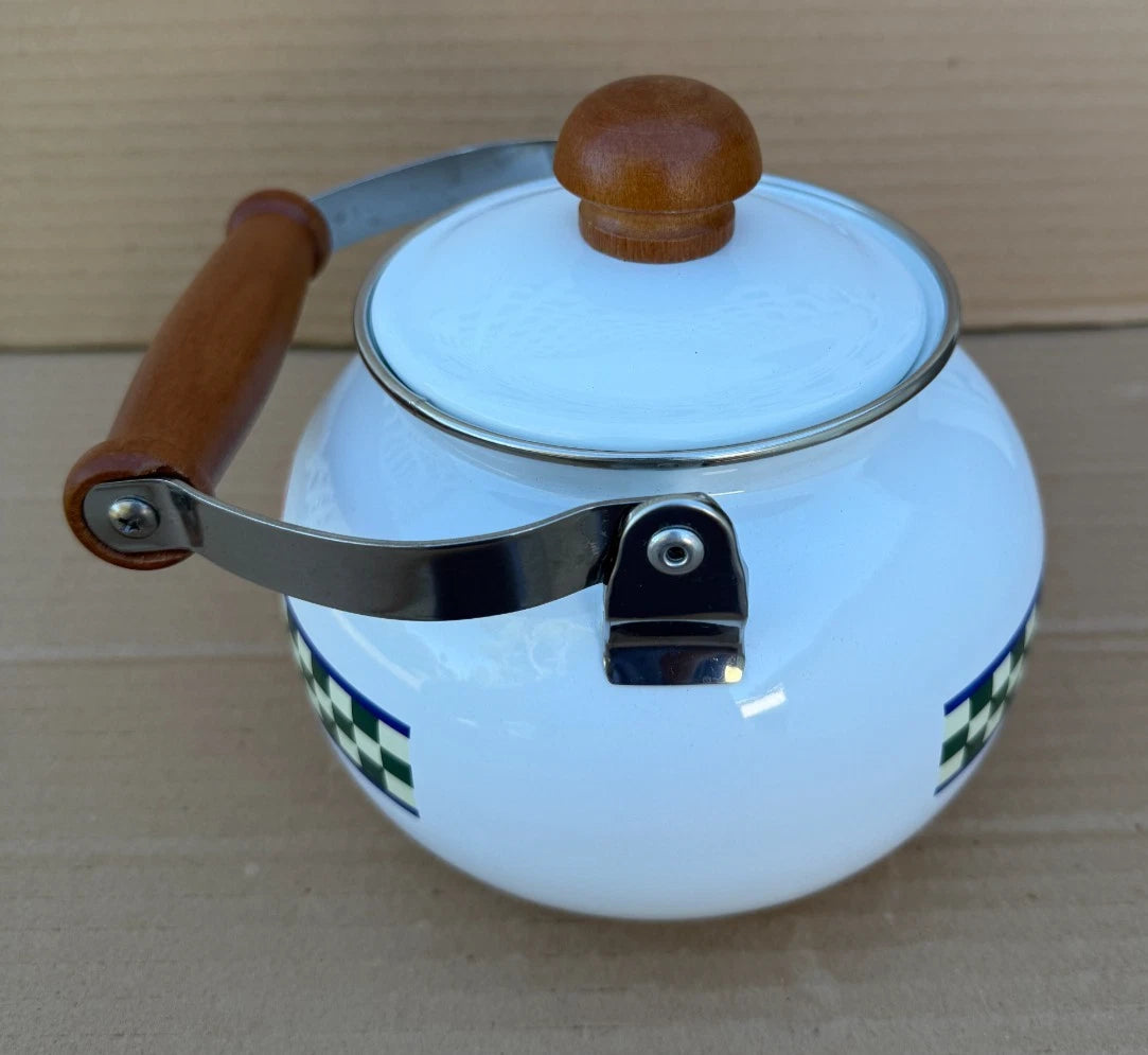 Bob Timberlake Rooster Whistling Kettle Tea Pot Enamel Checkered Board