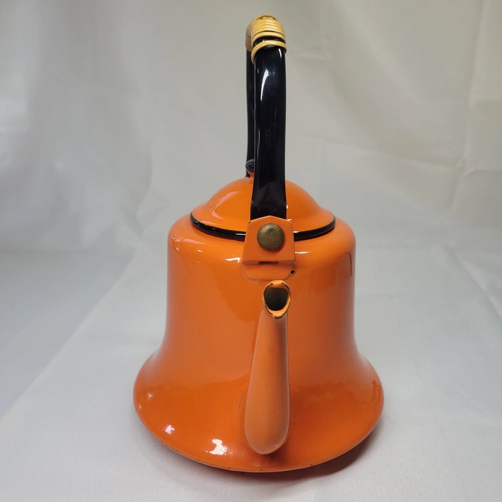 Vintage MCM Orange Black Baked Enamelware Tea Pot Kettle Japan Mod Kitchen