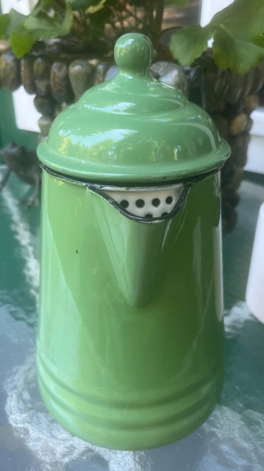 Vintage Jadeite Green Enamel Coffee Tea Pot Cowboy Camping Lid - Heavy