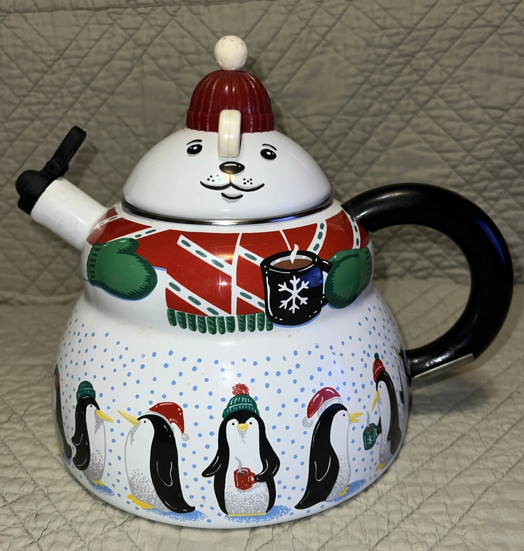 Polar Bear & Penguin 3 Qt Porcelain Enamel Roschko Teapot