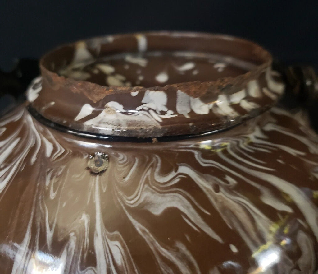 Rare Vintage Enameled Ware Brown / White Mottled Pattern Teapot