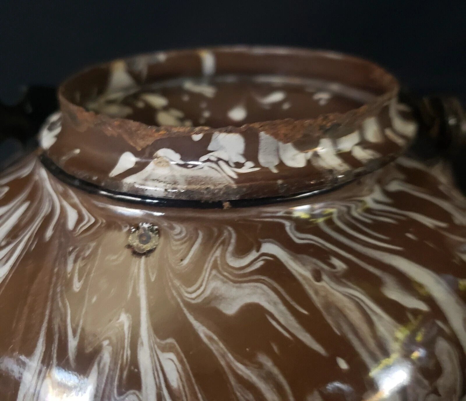 Rare Vintage Enameled Ware Brown / White Mottled Pattern Teapot