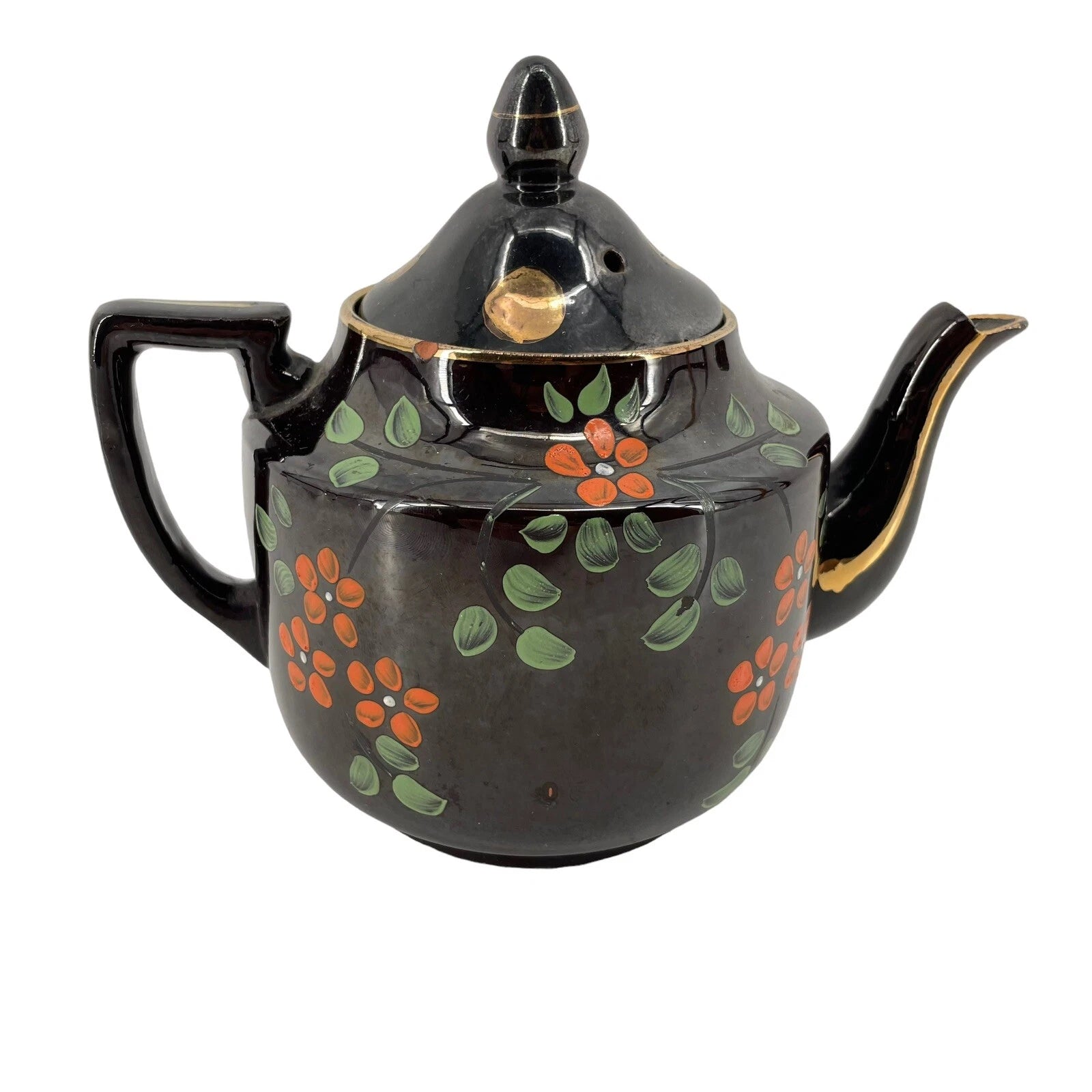 Vintage Hand-Painted Brown Ceramic Teapot Made in England Floral & Gold Accents