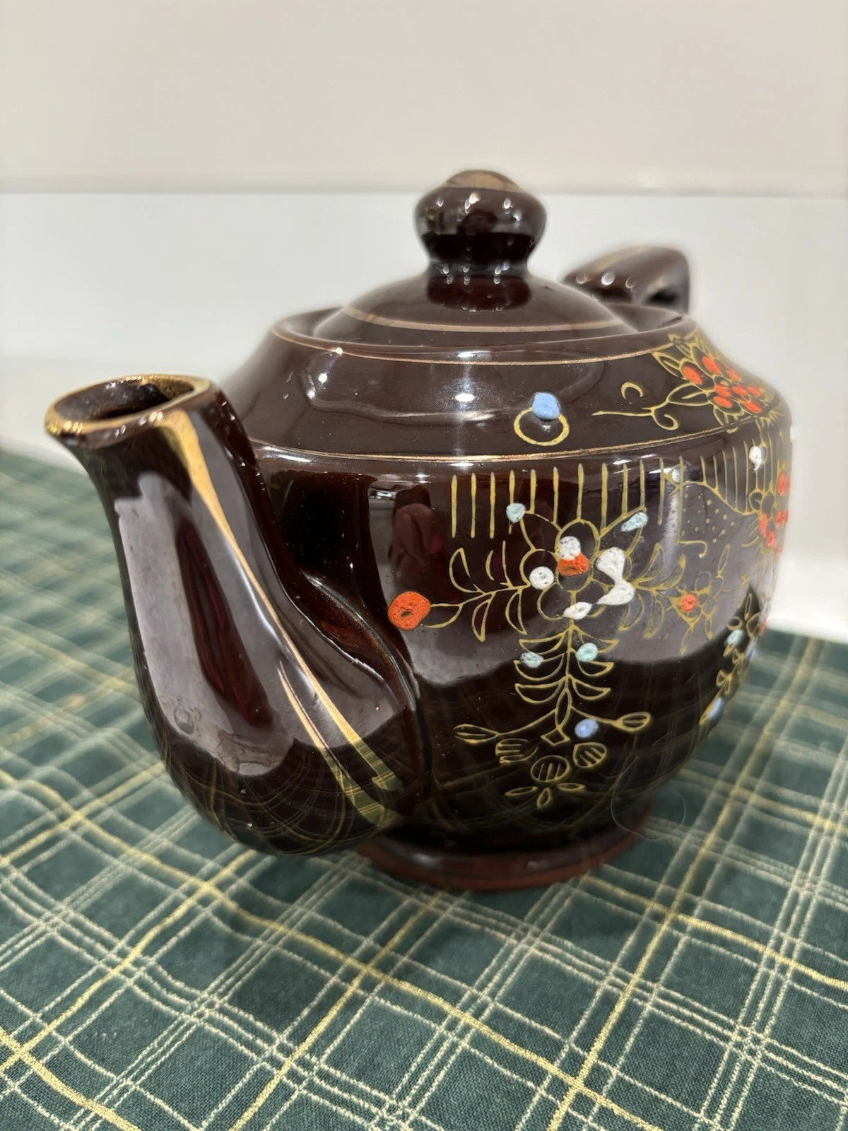 Brown Betty Redware Teapot Occupied Japan Moriage Enamel Hand Painted Vintage