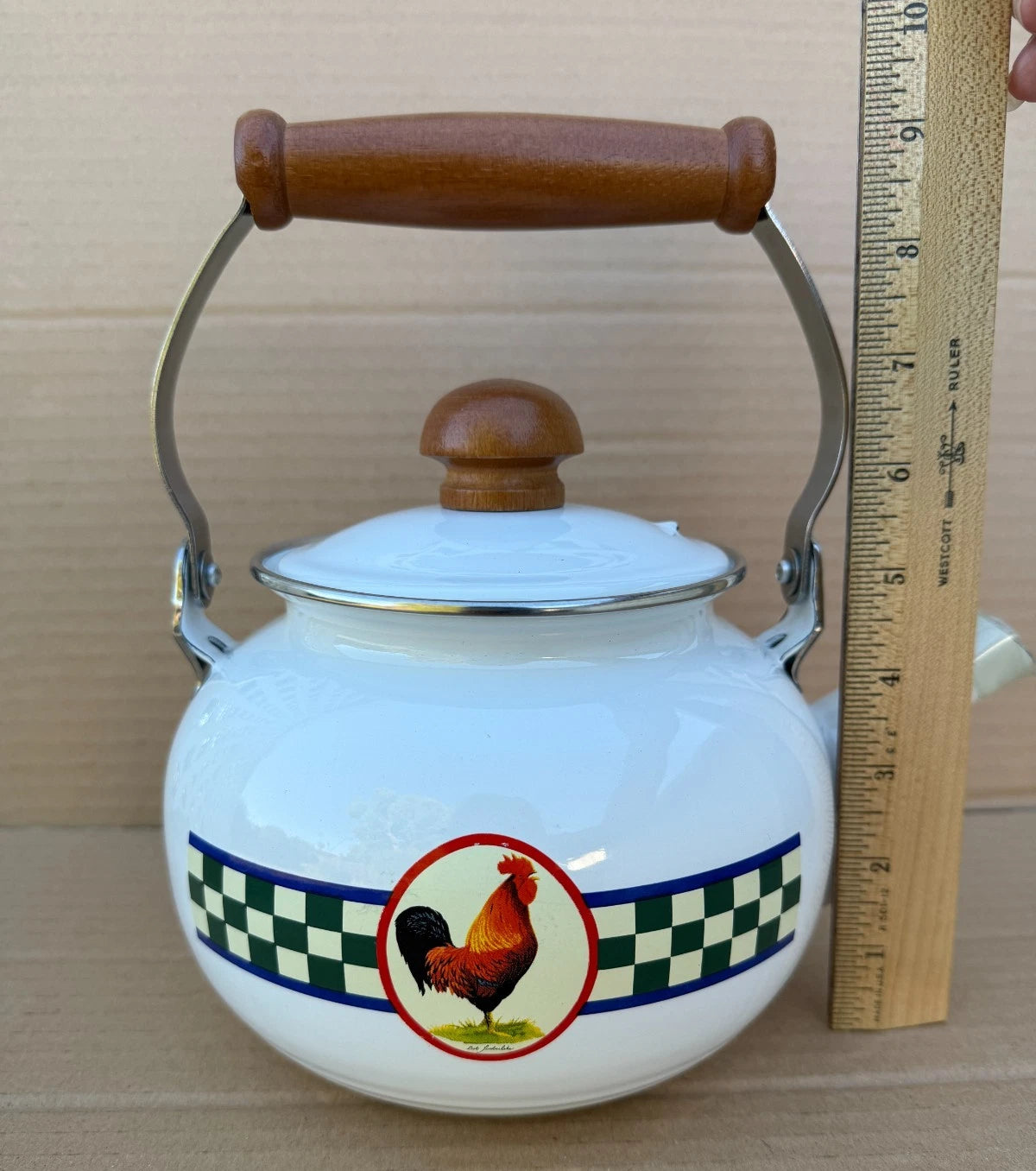 Bob Timberlake Rooster Whistling Kettle Tea Pot Enamel Checkered Board