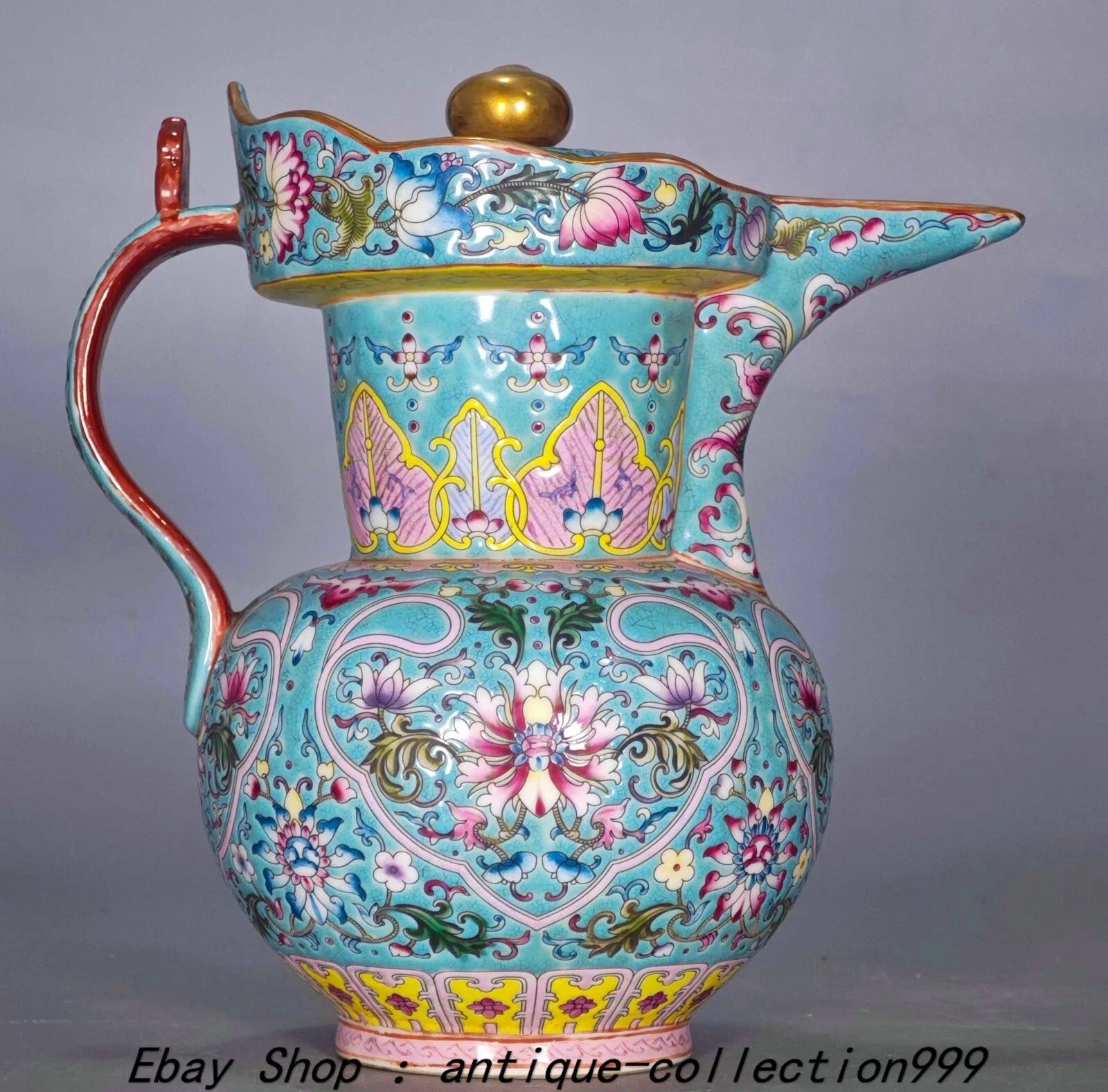 9.4" Yongzheng Enamel Colour Porcelain Gilt Lotus Flower Wine Tea Pot Flagon