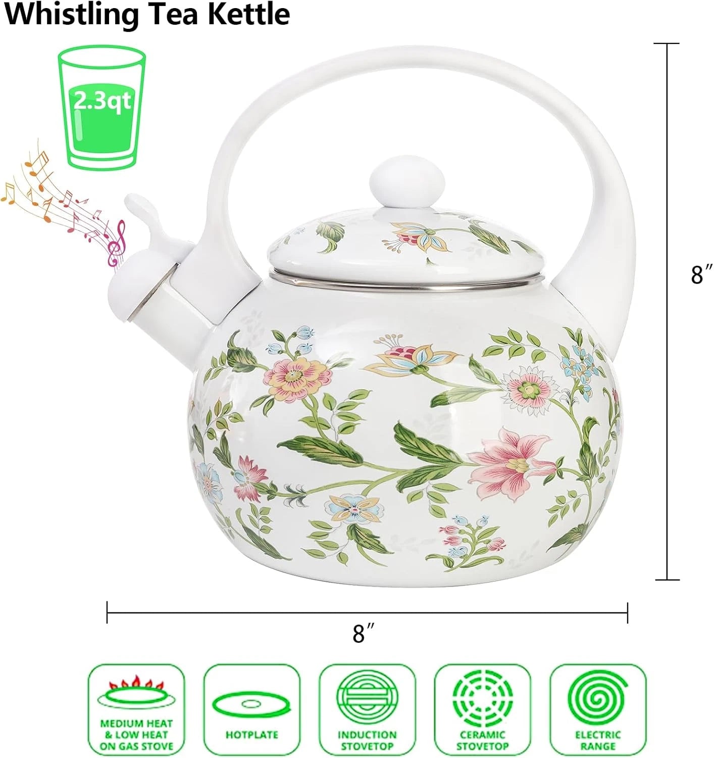 2.3 Quart Vintage Enamel Tea Kettle Whistling Tea Kettle for Stove Top Floral