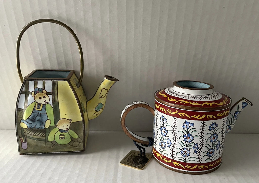 Enamel Mini Copper Hand Painted Teapot NO LIDS Miniature LOT OF 2 Vintage