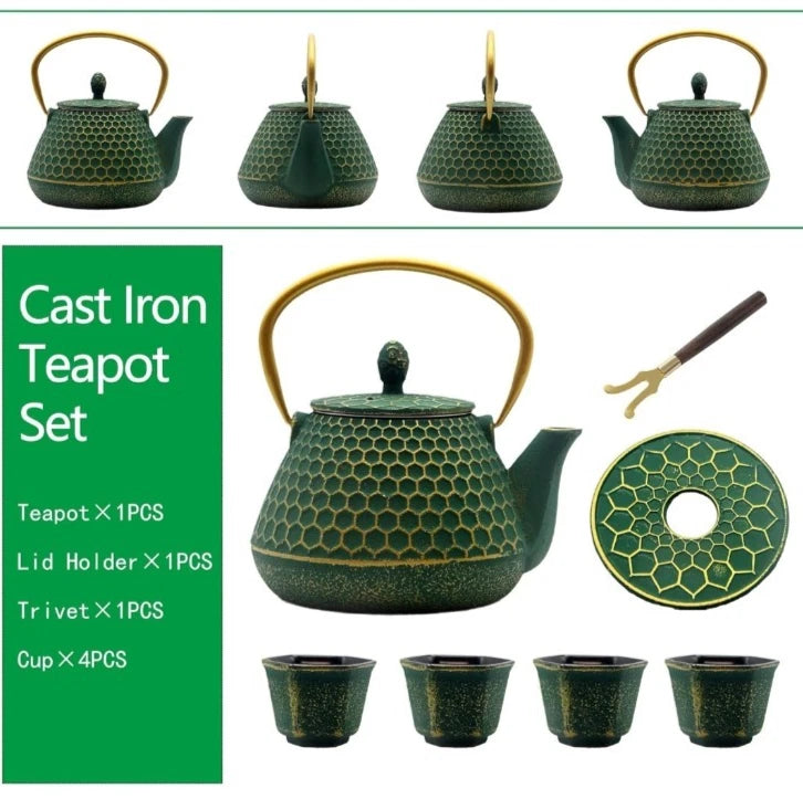 Cast Iron Tea Kettle Set 33.8oz Hexagon Pattern Teapot Set w cups green enamel