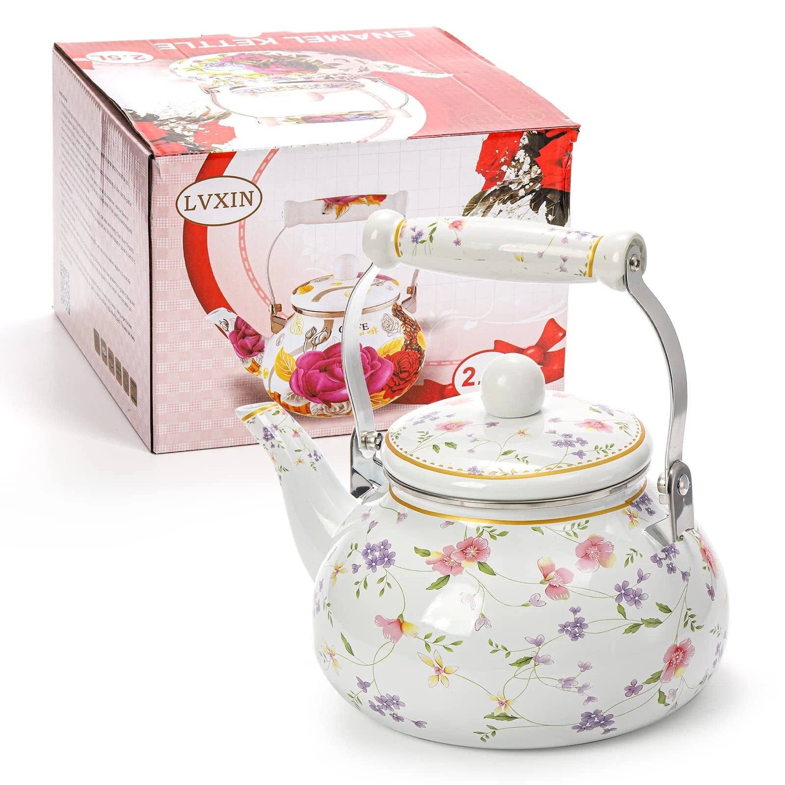 Vintage Enamel Tea Kettle 2.6 Quart Floral Enamel on Steel Water Kettle Teapo...