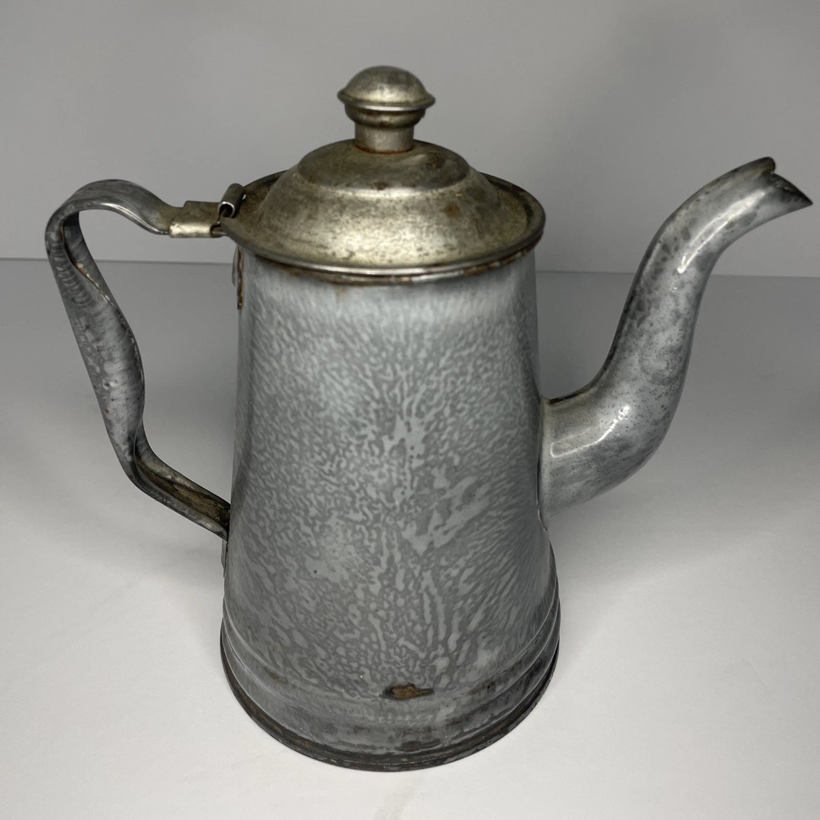 Grey Mottled Enamelware Gooseneck Hinged Coffee Tea Pot Antique Spatterware GUC