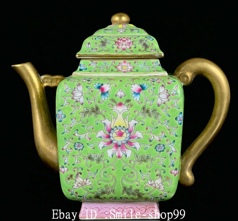 7" Old Qing Dynasty Enamel Colour Porcelain Gilt Flower Wine Tea Pot Flagon