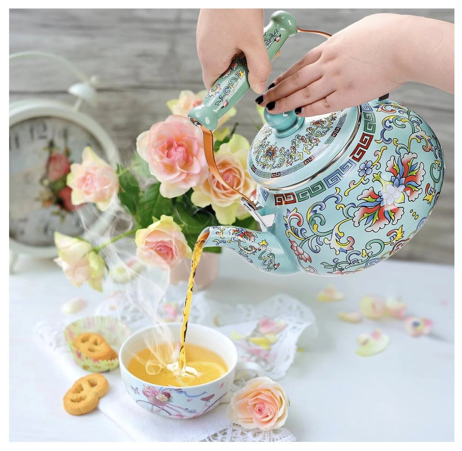 2.6QT Floral Enamel Tea Kettle with Ceramic Handle – Vintage Stovetop Pot