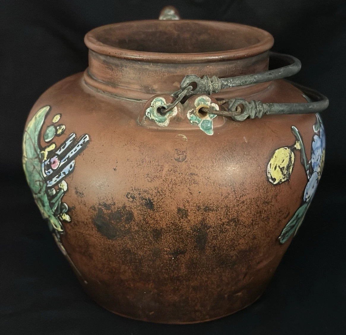 ANTIQUE CHINESE YIXING ZISHA CLAY TEAPOT WITH ENAMELED FLORAL & BIRD DECORATIONS