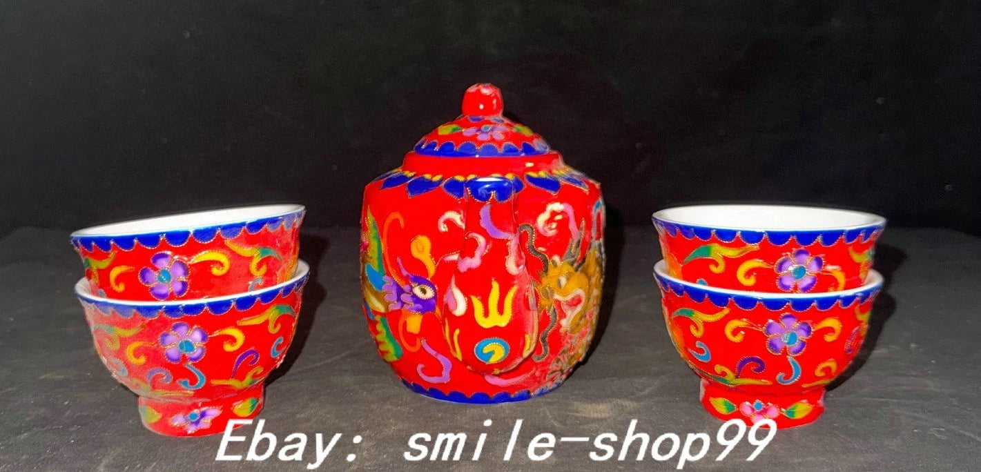 4.5" Qianlong Enamel Colour Porcelain Dragon Phoenix Beast Tea Pot Cup Set